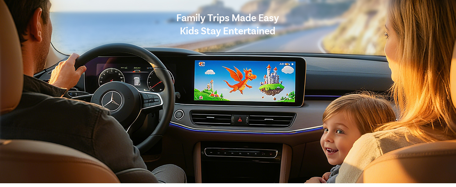 Text reads 'Family Trips Made Easy' and 'Kids Stay Entertained'. Interior car view showing entertainment system display with animated graphics visible on screen.