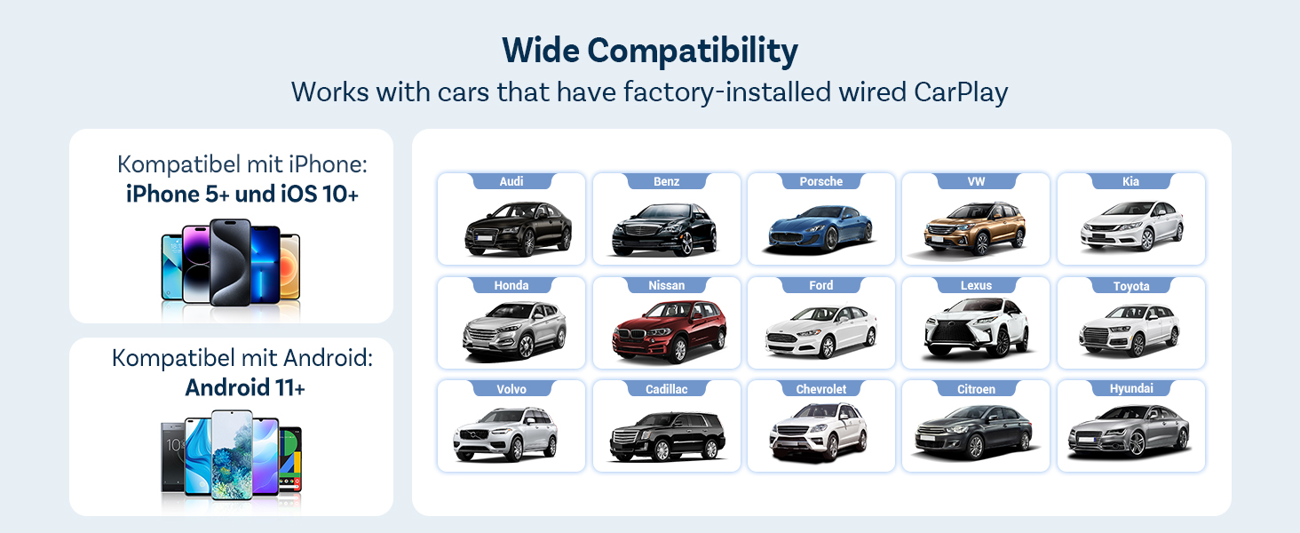 Text reads 'Wide Compatibility'. Product compatibility chart showing multiple car models and types represented by vehicle silhouettes in rows