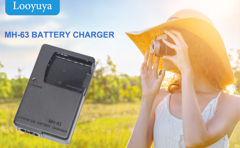 Text reads 'Image 6' and 'Looyuya', 'MH-63 BATTERY CHARGER'. Camera battery charger product shown in use and packaging details in outdoor sunlit setting.