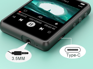 Portable media device showing 3.5mm headphone jack and Type-C port connections on turquoise background.