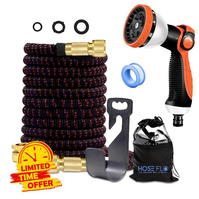 75FT Expandable Garden Hose Pipe – Orange – Flexible Hosepipe with 10-Function Spray Gun – Lightweight