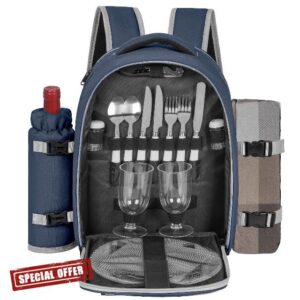Picnic Backpack for 2 Person with 2 Insulated Leakproof Cooler Compartments