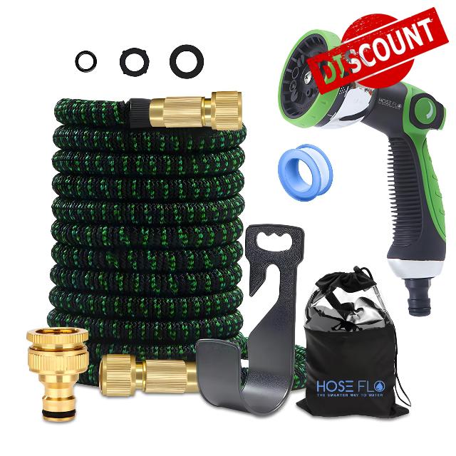 100FT Expandable Garden Hose Pipe – Green – Flexible Hosepipe with 10-Function Spray Gun – Lightweight