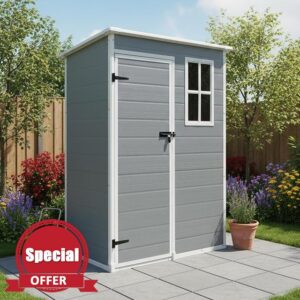 Plastic Garden Shed 5' x 3' Pent Roof Storage Box Grey Garden Shed with Floor Bike Storage Outdoor Storage Weather-Resistant Grey Garden Storage PS02