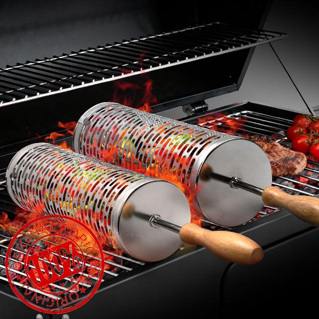 Rolling Grill Basket BBQ Tools: Stainless Steel Barbecue Accessories Outdoor Cooking Camping Present For Mens Dad Husband 2Pcs