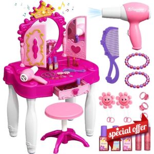 RLS Kids Vanity Table & Chair Set Toy- Princess Glamour Makeup Dresser with Triple Mirror