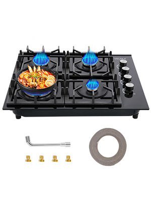 Text reads 'VELPAX 4 BURNERS GLASS GAS HOB'. Kitchen scene showing glass stovetop installation and usage demonstration.