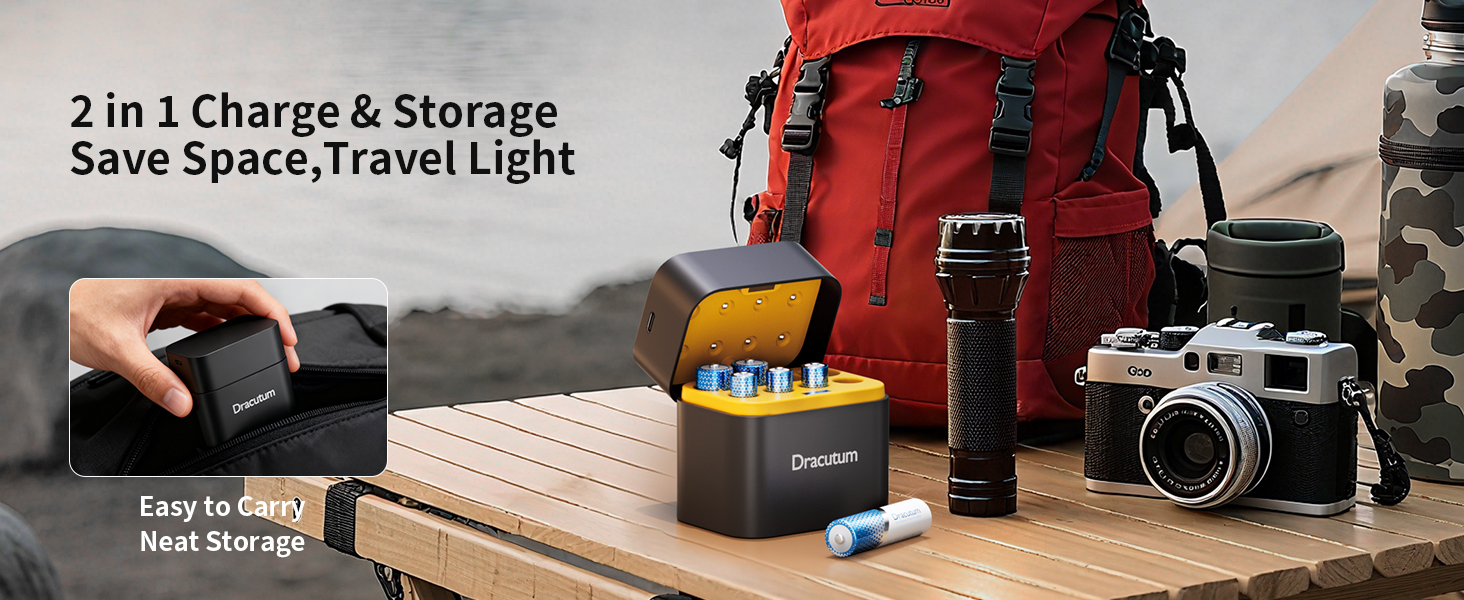 Text reads '2 in 1 Charge & Storage' and 'Save Space, Travel Light'. Product montage showing portable charging device with storage functionality.