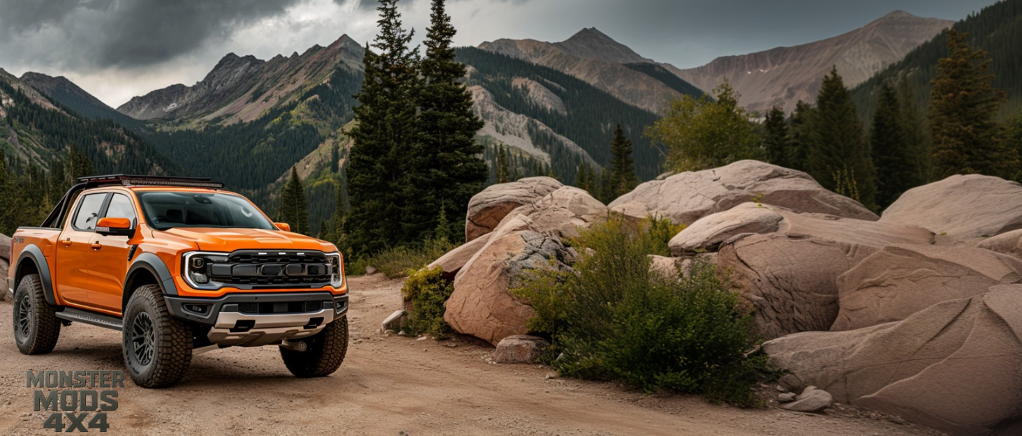 Orange off-road vehicle shown against mountainous backdrop. Multiple scenic shots showcase the vehicle traversing rocky terrain with mountains and trees in background.