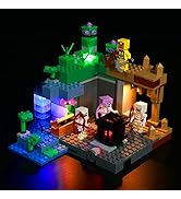 Illuminated LEGO set featuring a medieval-style structure with towers, archways, and a courtyard. Set includes miniature figures and decorative elements with warm lighting effects.