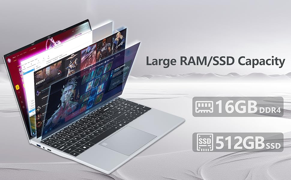 Text visible: 'N150, 0.3MP, 16GB, 512GB, Win 11 Pro, WiFi, BT'. Technical specifications display showing various features and icons for what appears to be an electronic device.