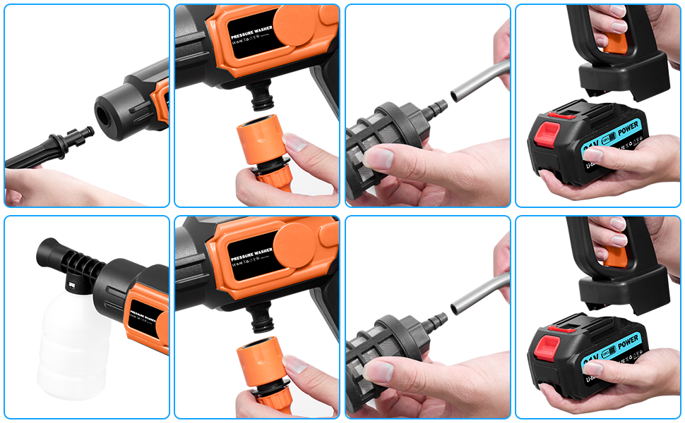 Cordless pressure washer in use, spraying water. Orange and black handheld device with long nozzle attachment. Inset images show nozzle close-up, device on grass, and cleaning outdoor surfaces.