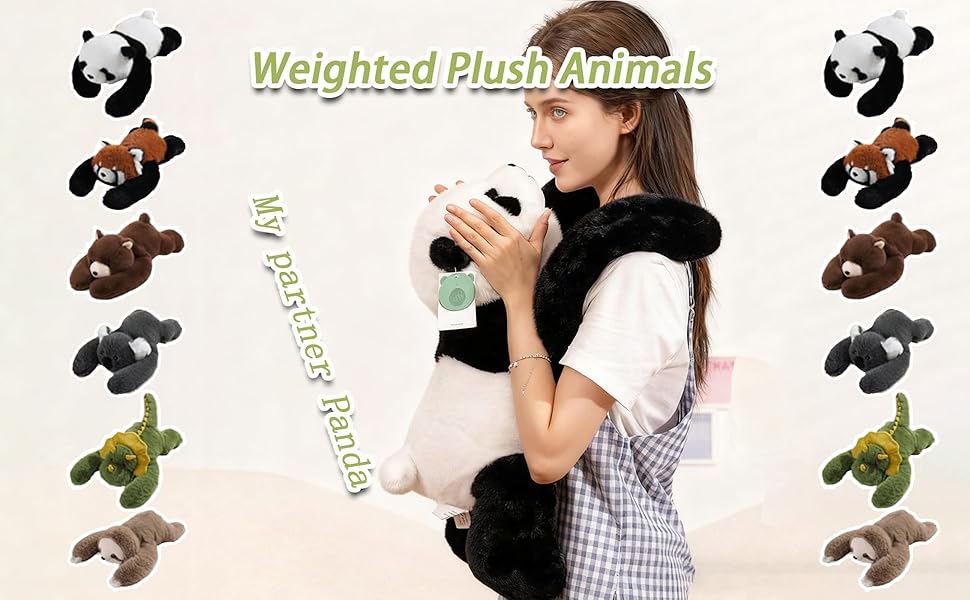 Text reads 'Weighted Plush Animals'. Series of product photos showing stuffed animals including panda and monkey plush toys, with demonstration of product use.