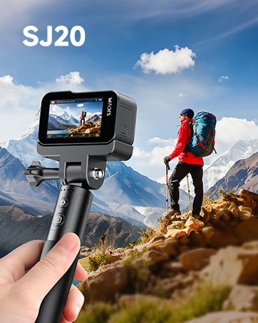 Black action camera mount or grip shown from multiple angles, featuring adjustable components and mounting hardware.