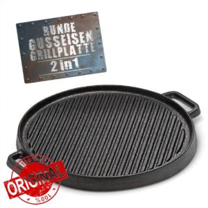 BBQ Boss Cast Iron Grill Plate [2 in 1] Cooking Grate - Round Grill Plate - Plate for Grill - Reversible - for Grill and Oven - Diameter 29.5