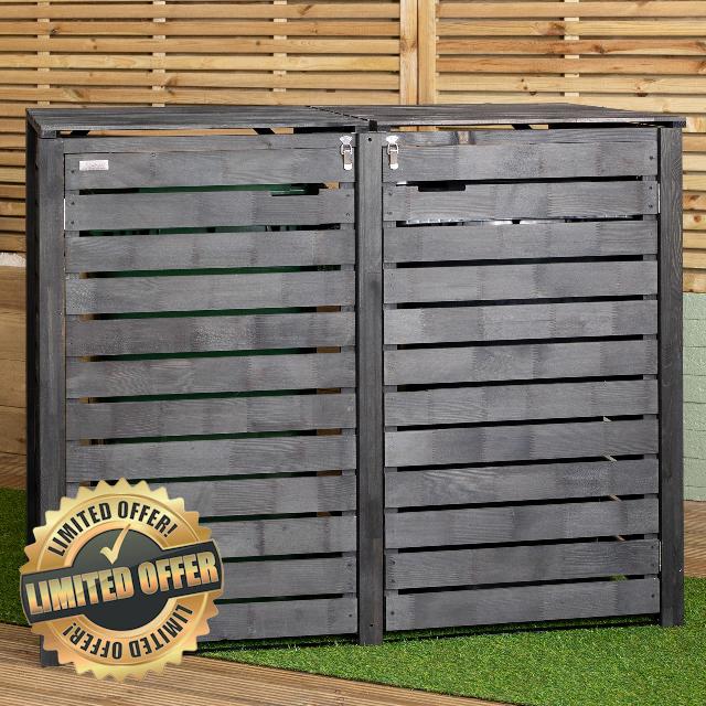 1.43m x 1.16m Outdoor Wooden Garden Double Wheelie Bin Store Storage for 2 Bins in Dark Grey