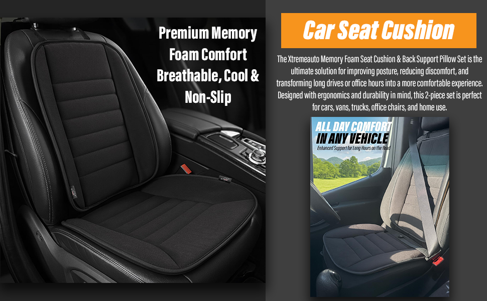 Text reads 'Image 6', 'Premium Memory Foam Comfort', 'Breathable, Cool & Non Slip', 'Car Seat Cushion'. Product image shows black car seat cushion installed on vehicle seat.