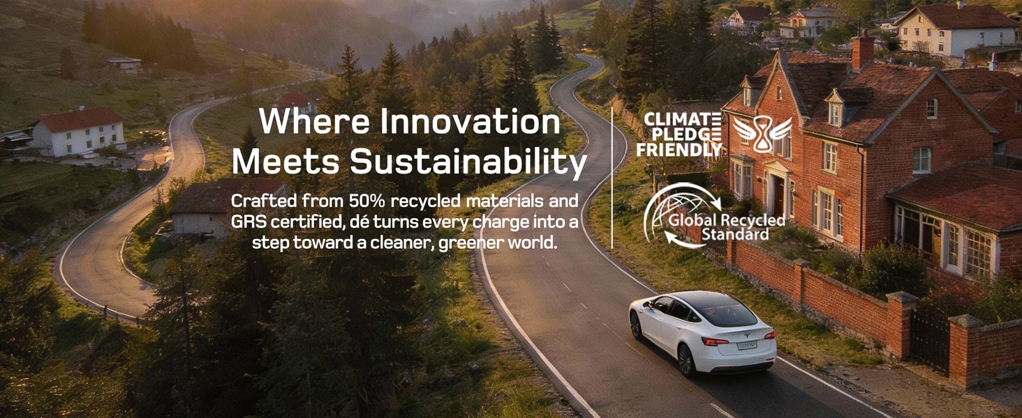 Text reads 'Where Innovation Meets Sustainability'. Aerial view of mansion building with electric vehicle in foreground, circular sustainability logo visible.