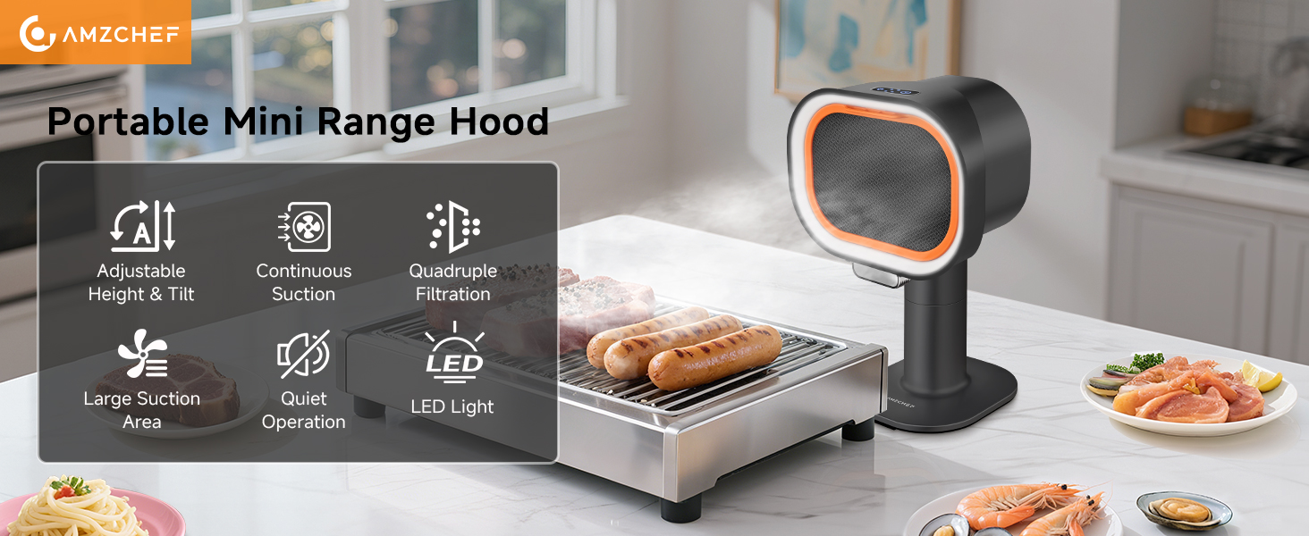 Text reads 'Image 3' and 'Portable Mini Range Hood'. Product demonstration showing compact range hood device with food items on counter. Interface displays multiple function icons.