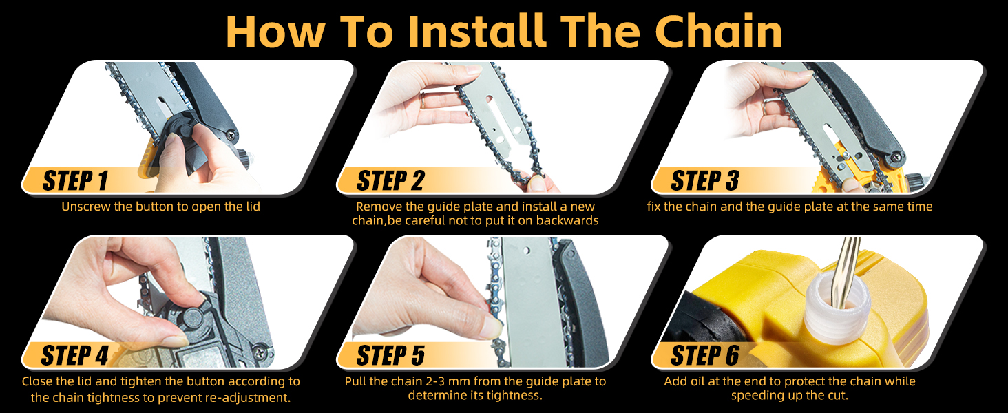 Text reads 'WIDE APPLICATION with MINI CHAINSAW' with categories 'Garden', 'Wood Cutting', 'DIY Projects', 'Camping', 'Home Renovation'. Shows various chainsaw applications.