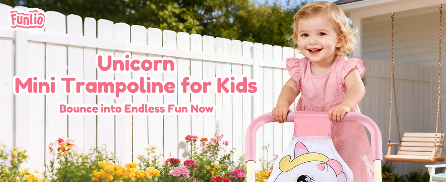 Text reads: 'Unicorn Mini Trampoline for Kids'. Pink-themed indoor trampoline with unicorn design elements and safety features for children's use.