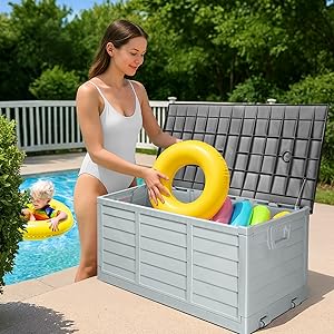 Gray outdoor storage box with black lid shown from two angles - closed view and separate lid view. Features horizontal panel design.