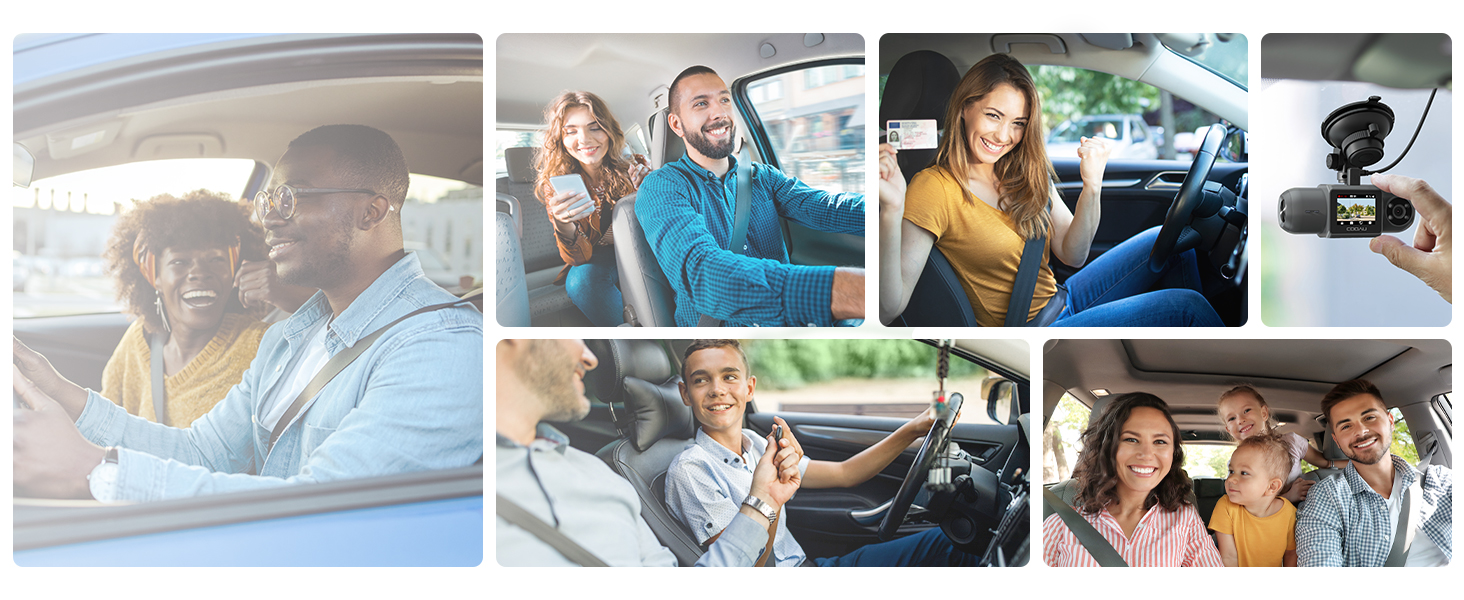 Vehicle dash camera set including main camera unit, mounting accessory, cable, and product box. Black components arranged on dark surface. Box displays camera interface image.