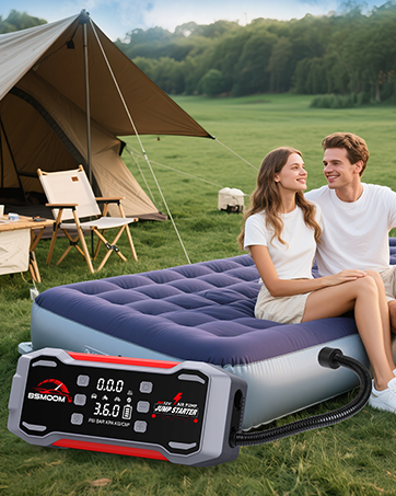 Close-up images of a tire pressure monitoring system or gauge device, showing digital display and connection to vehicle tire valve.