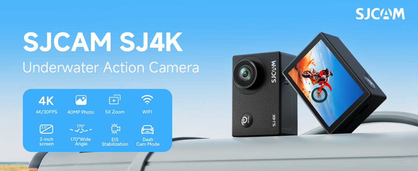 Text reads 'SJCAM SJ4K Underwater Action Camera' with product image showing black camera unit and blue LCD screen display. Features 4K resolution and Wi-Fi connectivity icons visible.