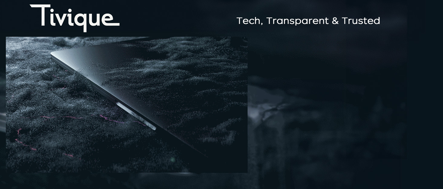 Text reads 'Tivique' and 'Tech, Transparent & Trusted'. Dark underwater or ocean scene with a beam of light cutting through murky water.