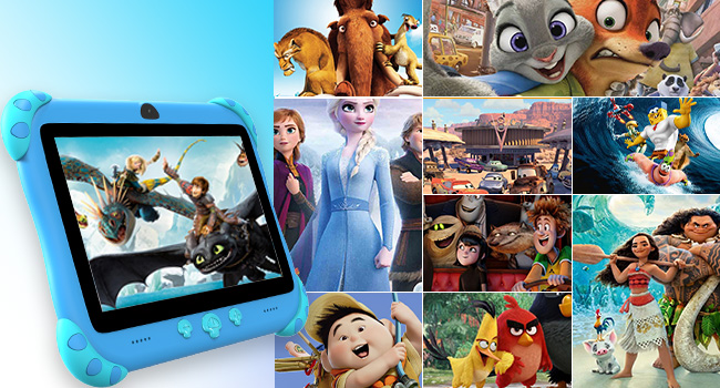 Blue-framed tablet device displaying animated movie scenes in a collage format, featuring various animated film characters and scenes.