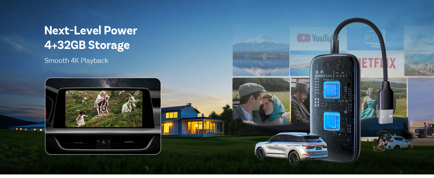 Text reads '4+32GB Storage, Next-Level Power'. Commercial building exterior at dusk with illuminated signage and parked vehicles visible in a modern business setting.