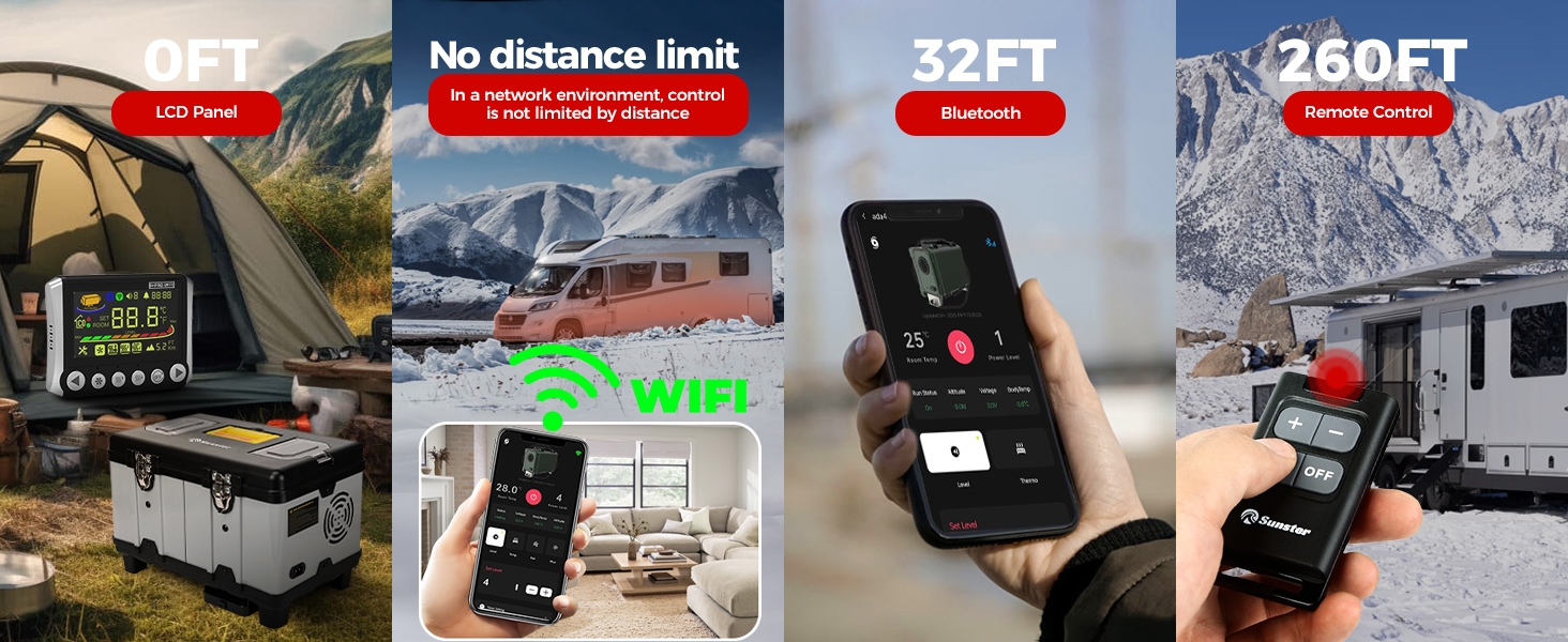 Text reads 'No distance limit', '32FT', '260FT'. Multiple panels showing remote control device being used outdoors with camping tent and snowy mountain settings.