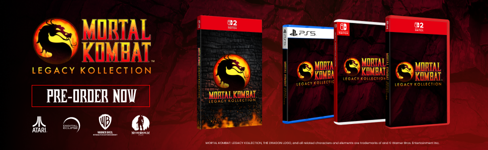 Text reads 'MORTAL KOMBAT' with game cover art showing multiple versions of the game package against a red and black background. 'PRE-ORDER NOW' text visible.