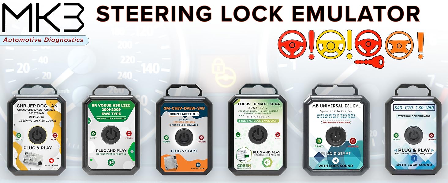 Text reads 'MK3 STEERING LOCK EMULATOR' followed by six colored diagnostic icons with different status indicators and emoji-style symbols.