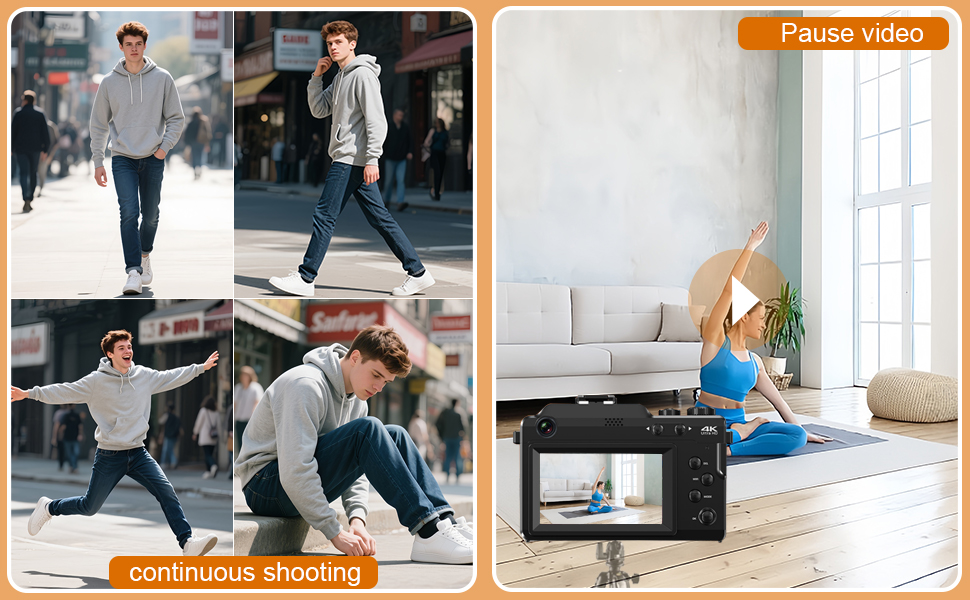 Text reads 'Pause video' and 'continuous shooting'. Series of exercise demonstration photos showing stretching and workout movements on floor and against wall.