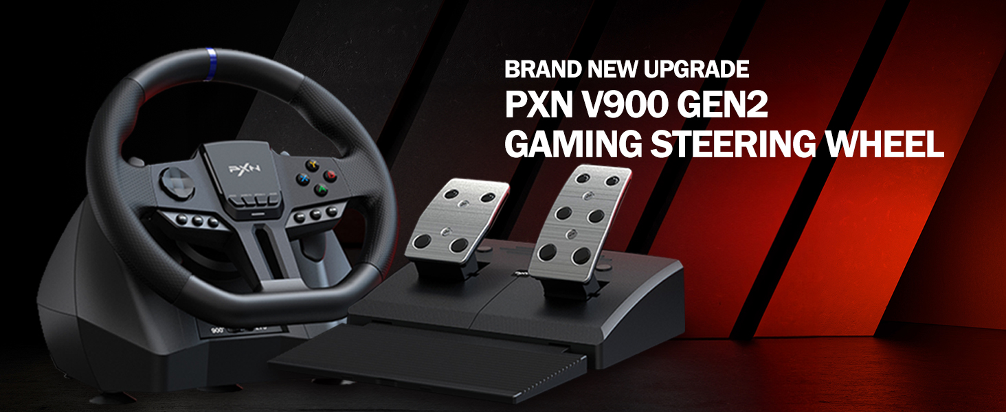 PXN V900 GEN2 gaming steering wheel with pedals. Black wheel features buttons and paddle shifters. Pedal set includes accelerator and brake. Product shown against red-black background.