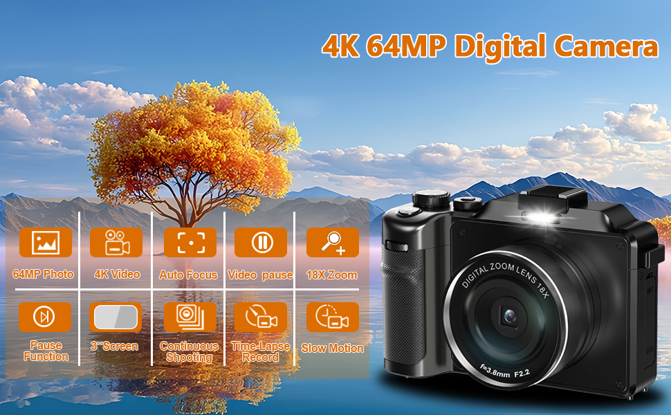 Text reads '4K 64MP Digital Camera'. Wide panoramic nature scene with autumn trees and mountains, accompanied by camera feature icons and specifications.