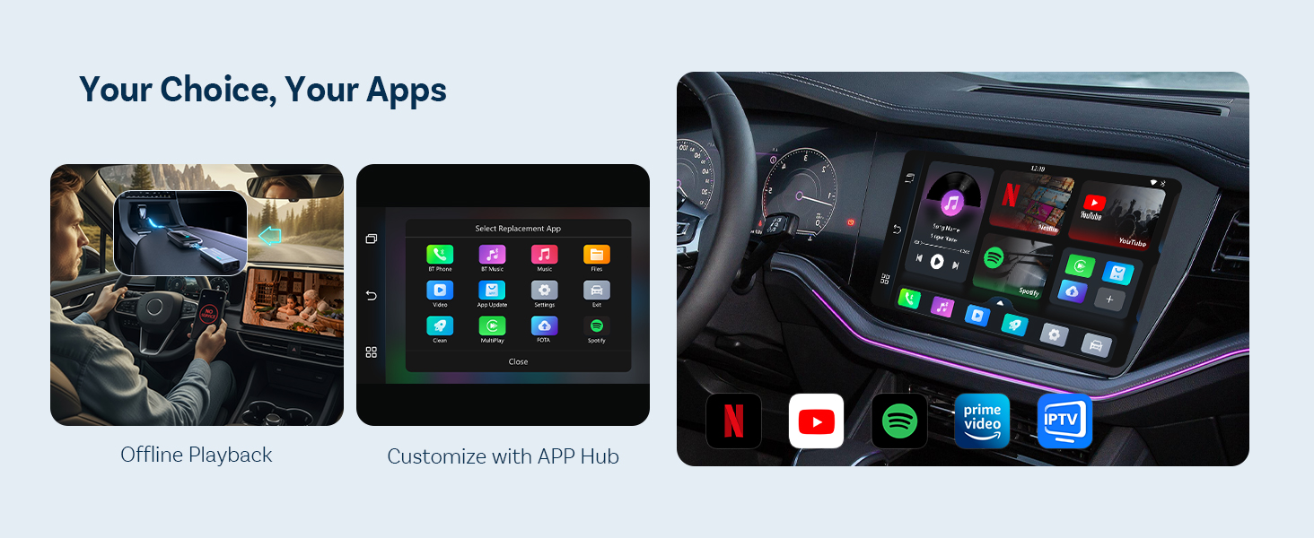Text reads 'Your Choice, Your Apps.' Multiple screenshots of a digital interface showing app icons and navigation menus on dark backgrounds.