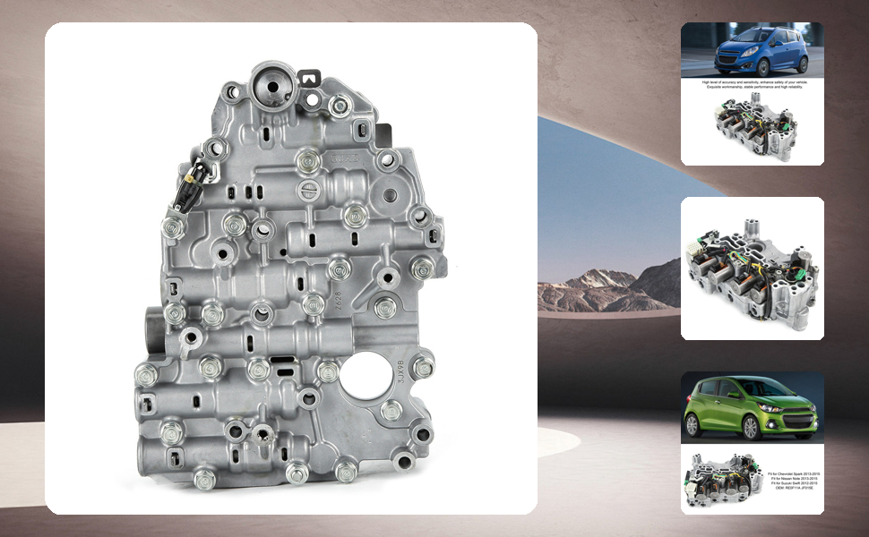Technical product display showing multiple views of an automotive transmission valve body assembly, with detailed mechanical components visible in silver/aluminum finish.