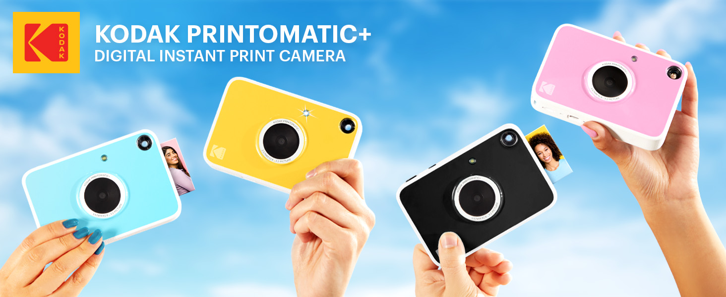 Text reads 'KODAK M35 & KODAKFLEX35'. Colorful illustration showing film camera designs with pink, yellow, and blue geometric shapes in a retro style.