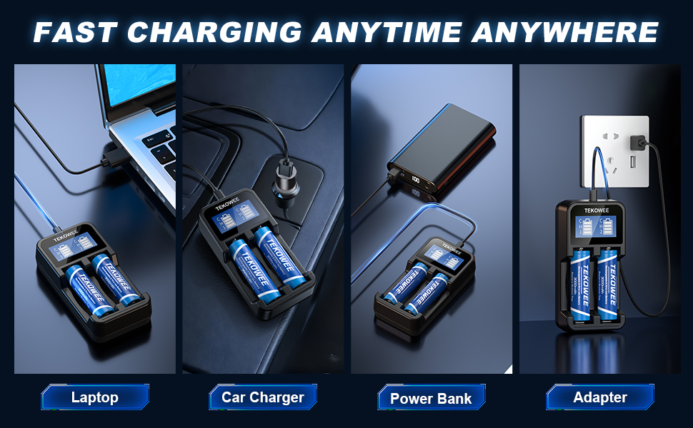 Text reads 'Fits Most Devices'. Product marketing image showing various electronic devices arranged in a circular pattern with a keyboard and blue batteries in the background.