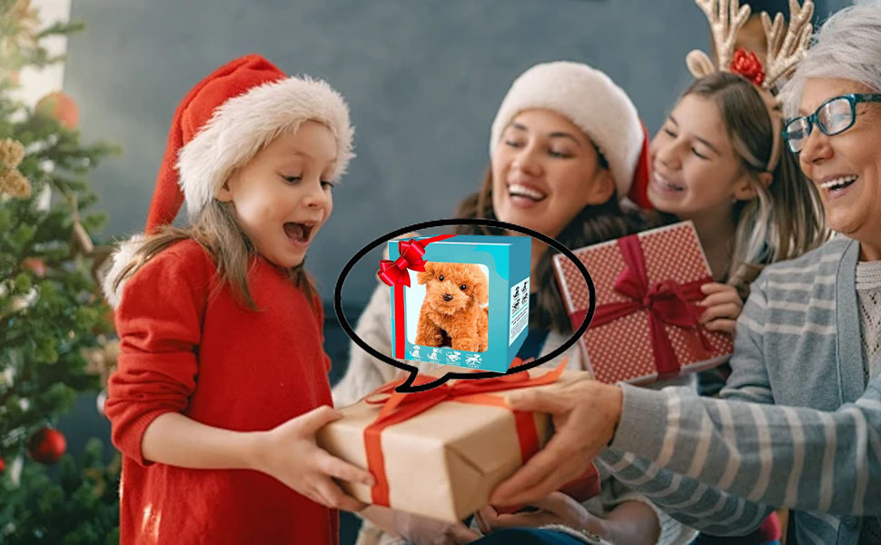 Holiday-themed images showing gift-giving moments with wrapped presents in a festive setting with red and white color scheme.