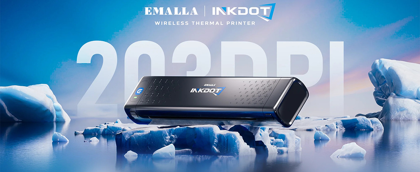 Text reads 'EMALLA INKDOT'. Dark blue promotional banner for security camera or surveillance system with metallic-looking device shown in multiple angles.