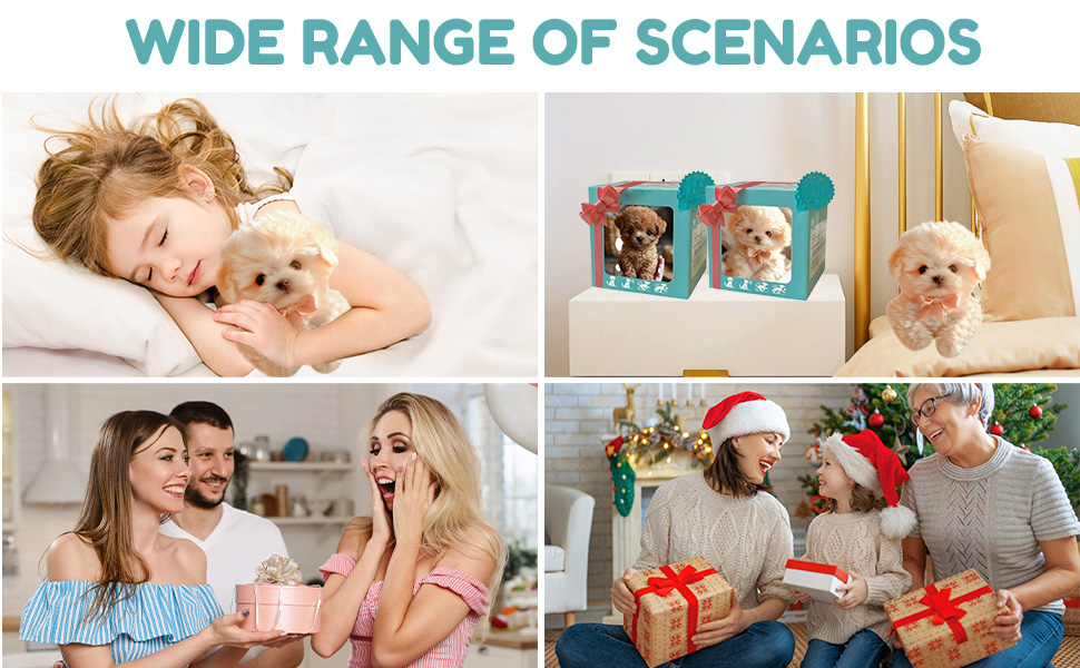 Text reads 'WIDE RANGE OF SCENARIOS'. Banner shows multiple lifestyle photos featuring people enjoying and sharing moments, arranged horizontally to demonstrate various use cases.