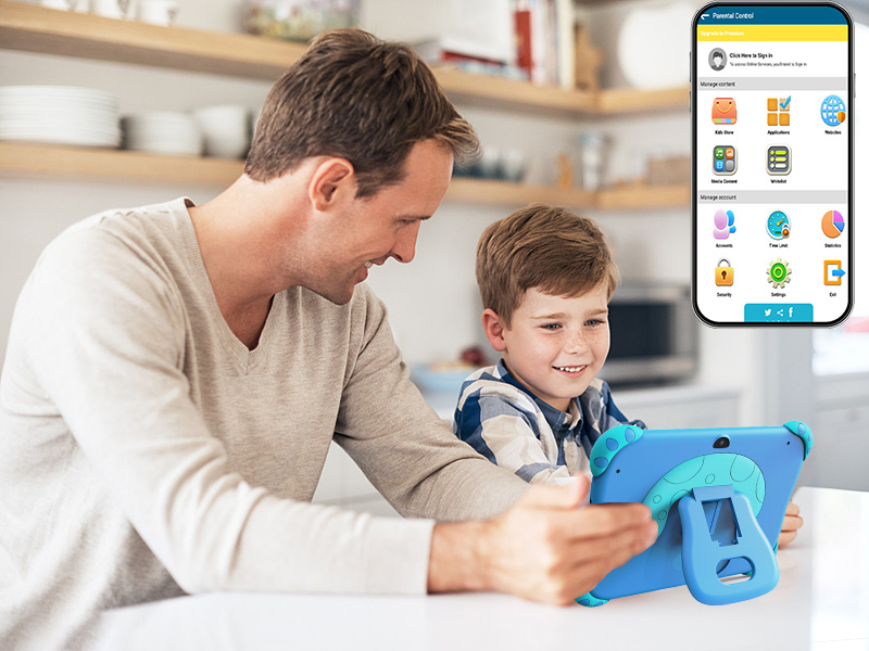 Child using a blue tablet with a teal protective case featuring built-in handles. The case is designed for easy grip and durability for young users.