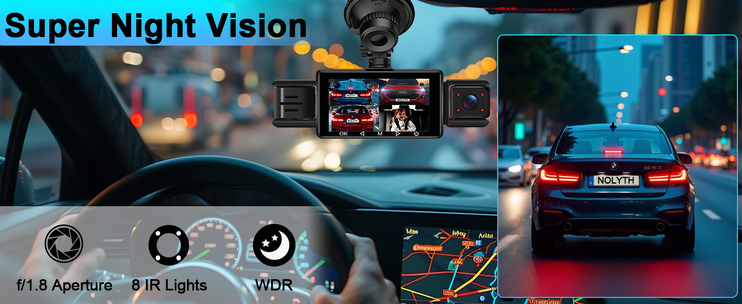 Text reads 'Super Night Vision'. Dashboard view through windshield while driving at night, featuring digital display interface with gear icons.