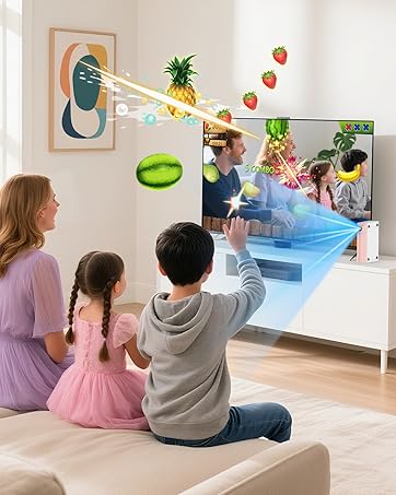 Children playing and jumping indoors, holding green objects, showing dynamic movement and activity.