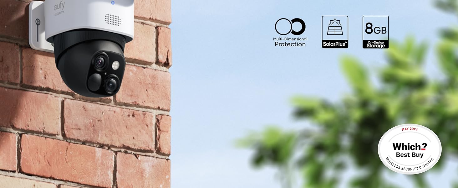 Dome-style security camera mounted on brick wall, with technical specification icons showing connectivity and storage features.