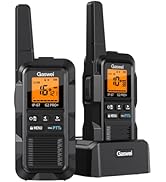 Multiple views of yellow and black two-way radios or walkie-talkies with LCD displays, showing different angles and features of the communication devices.